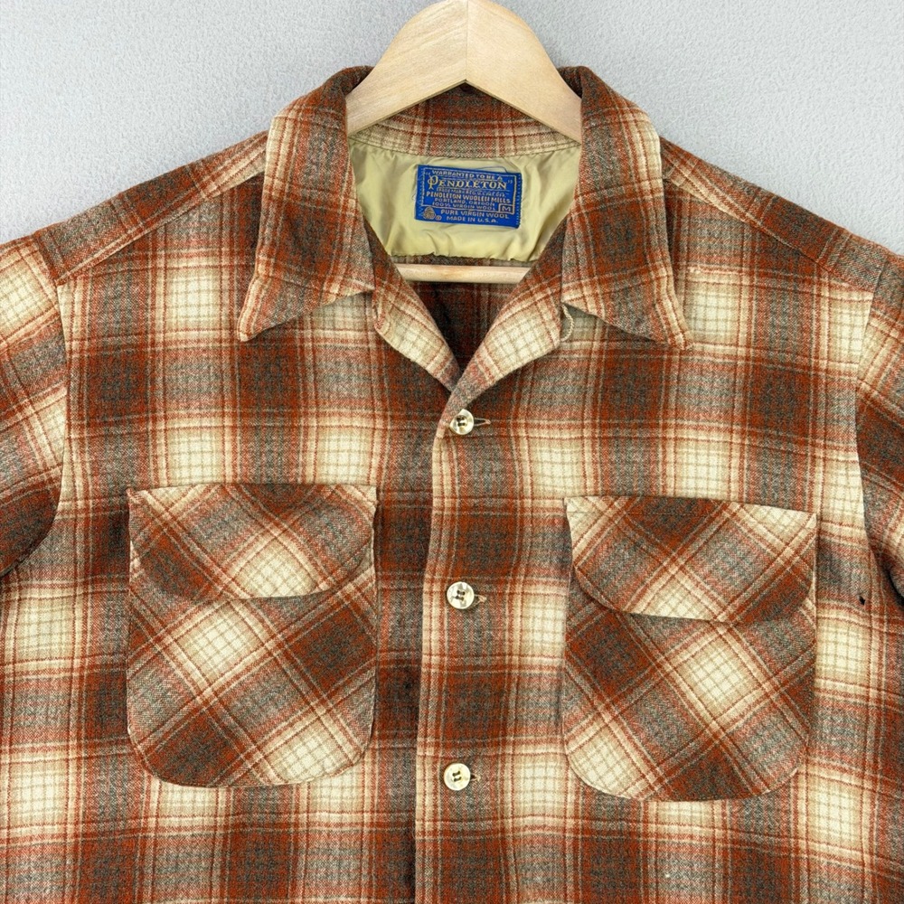 VTG 70s Pendleton Board Shirt Mens S-M Rust Plaid Long Sleeve Loop Collar USA